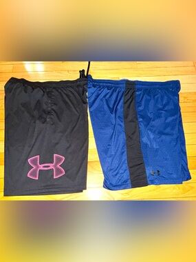Lot 2 Under Armour Black & Blue Athletic Gym Loose Fit Heatgear Shorts Men’s 2XL